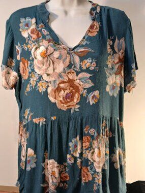 Staccato L Teal Green Floral Babydoll Hi Lo top